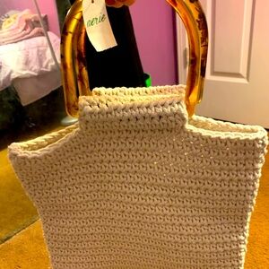 Aerie Cream Crochet Bag with Tan Handles